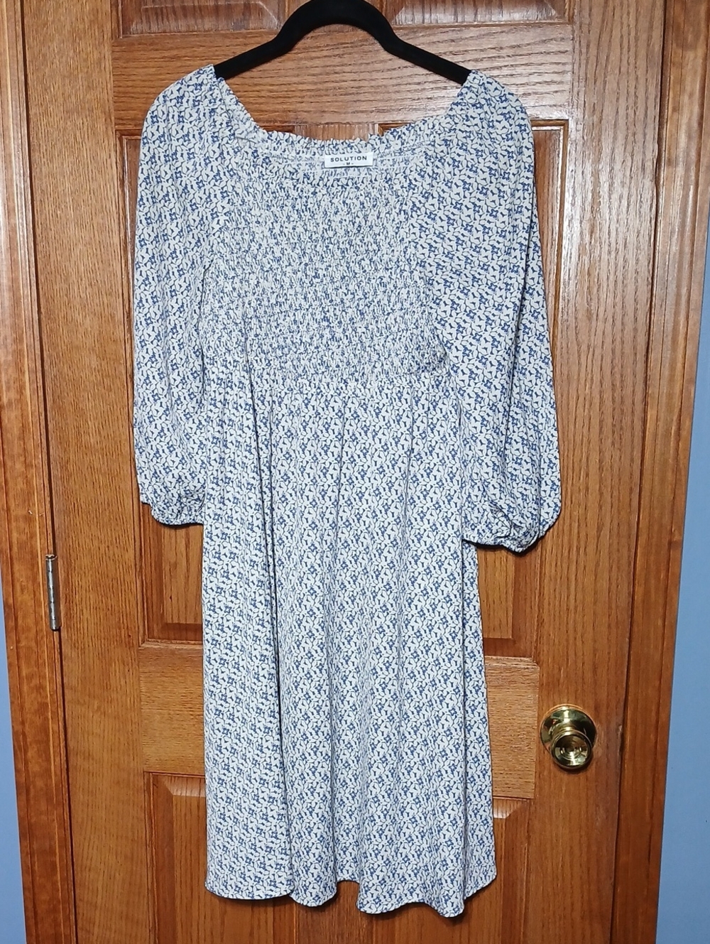 Navy Floral Smocked Midi Dress with Puff Sleeves